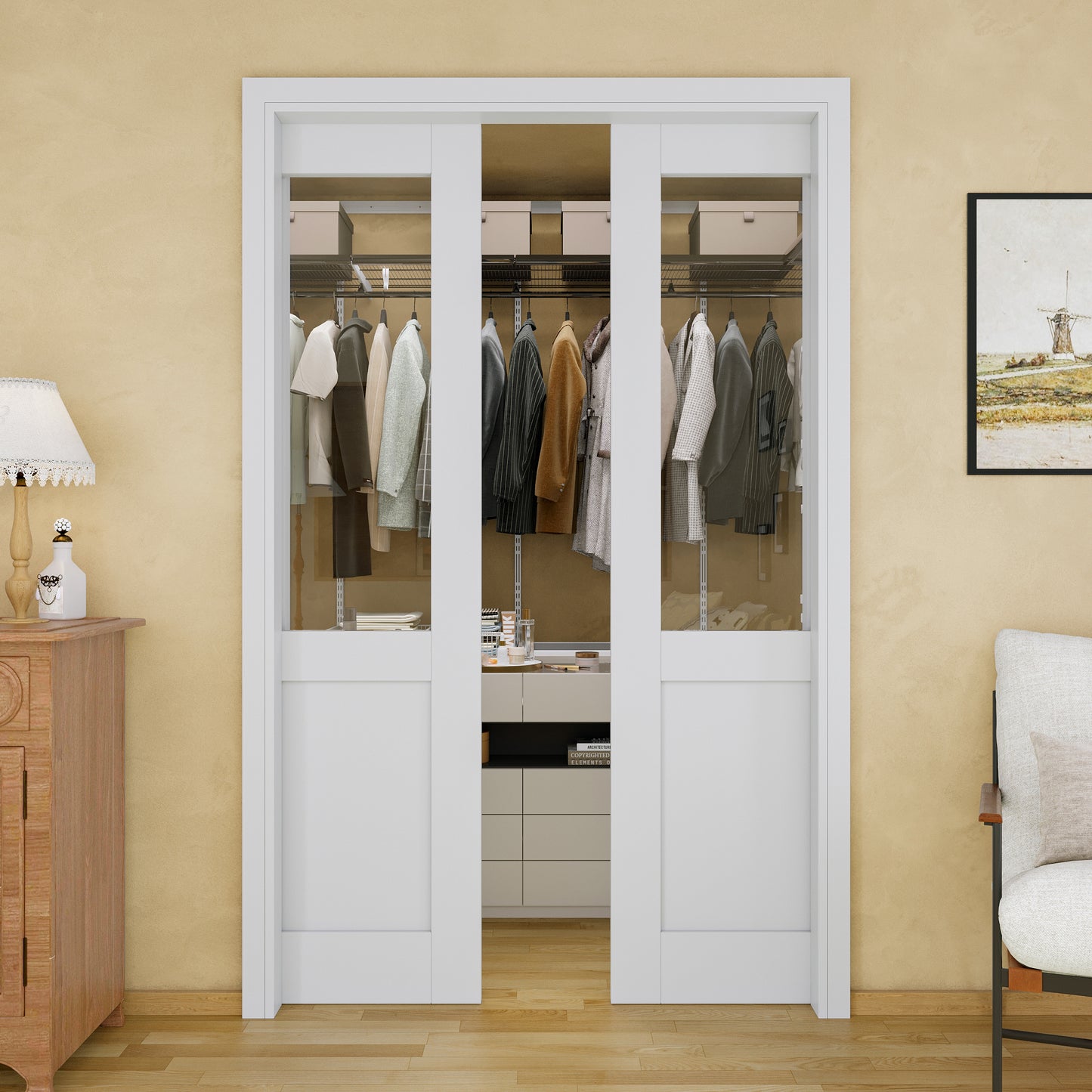 Jujubon Half-Lite Clear Glass Pocket Door with Hardware Kit & Soft Close & Frame, MDF Wood & Paint-grade Finished, White
