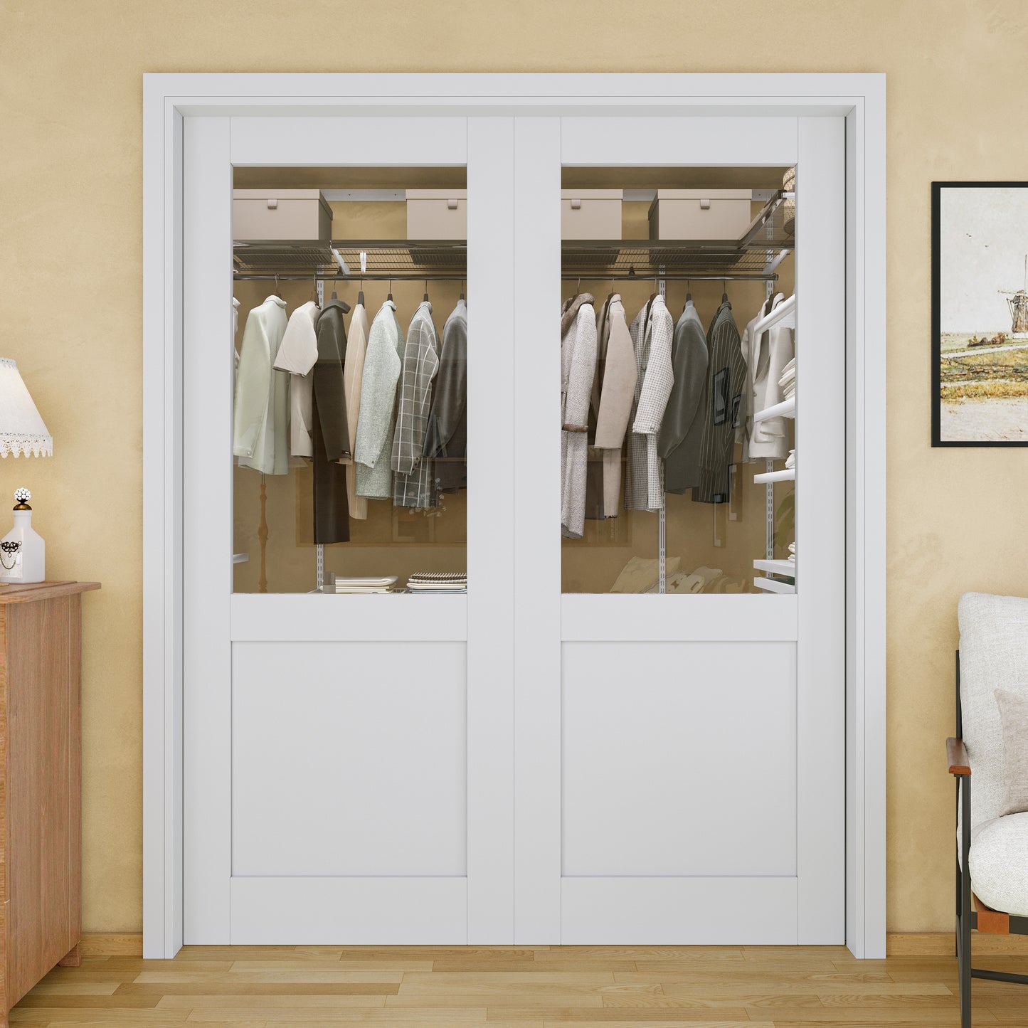 Jujubon Half-Lite Clear Glass Pocket Door with Hardware Kit & Soft Close & Frame, MDF Wood & Paint-grade Finished, White