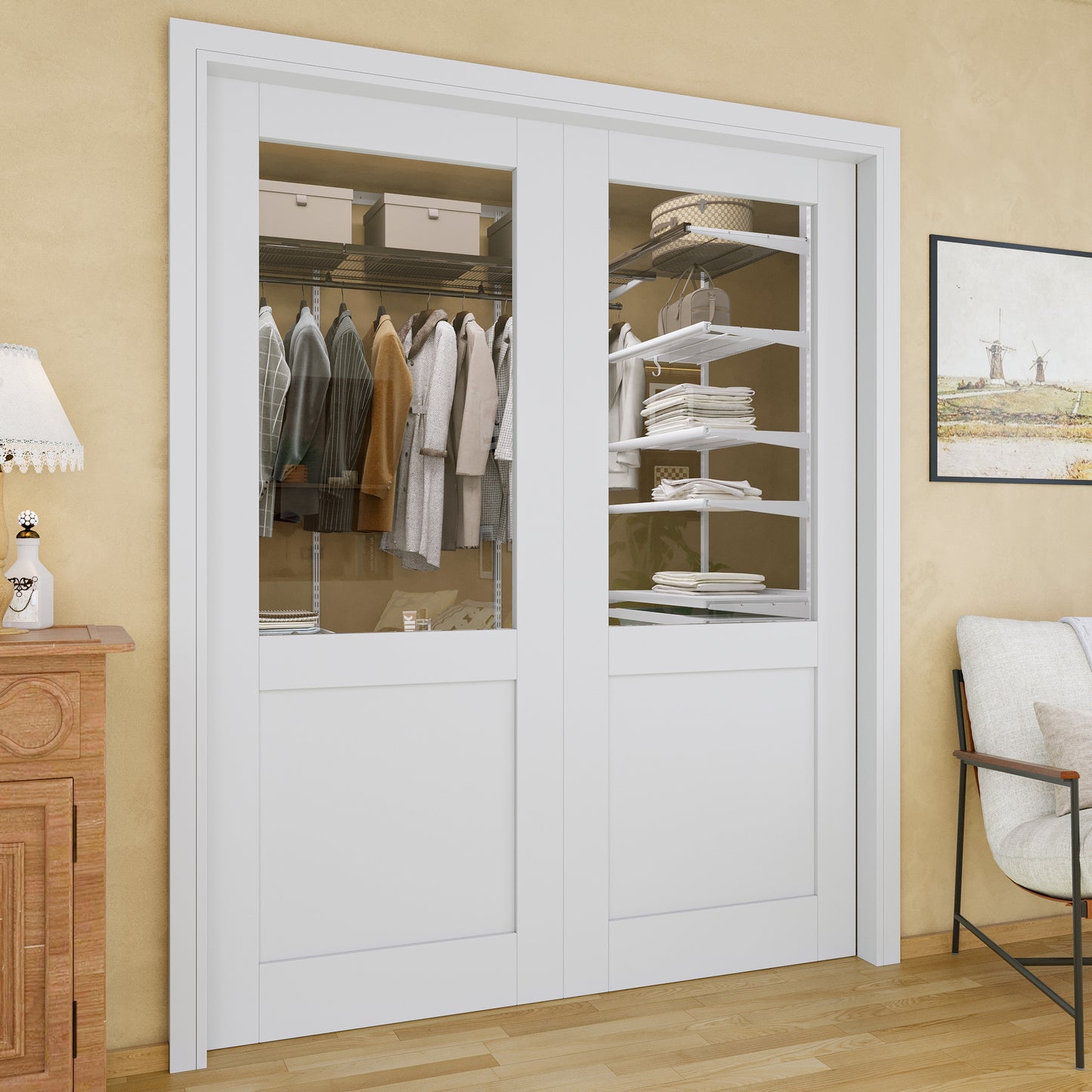 Jujubon Half-Lite Clear Glass Pocket Door with Hardware Kit & Soft Close & Frame, MDF Wood & Paint-grade Finished, White