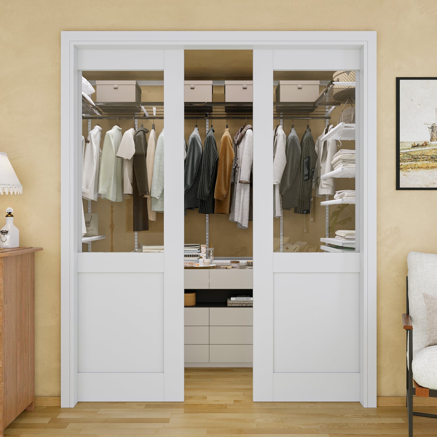 Jujubon Half-Lite Clear Glass Pocket Door with Hardware Kit & Soft Close & Frame, MDF Wood & Paint-grade Finished, White