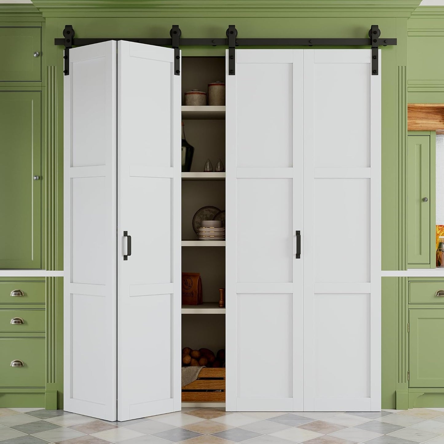 Bifold Barn Door with Sliding Track & Hardware Kit, No Assembly Required, 3 Panels Paintable Bi-Fold Sliding Barn Doors for Closet, Pre-Drilled Holes, White