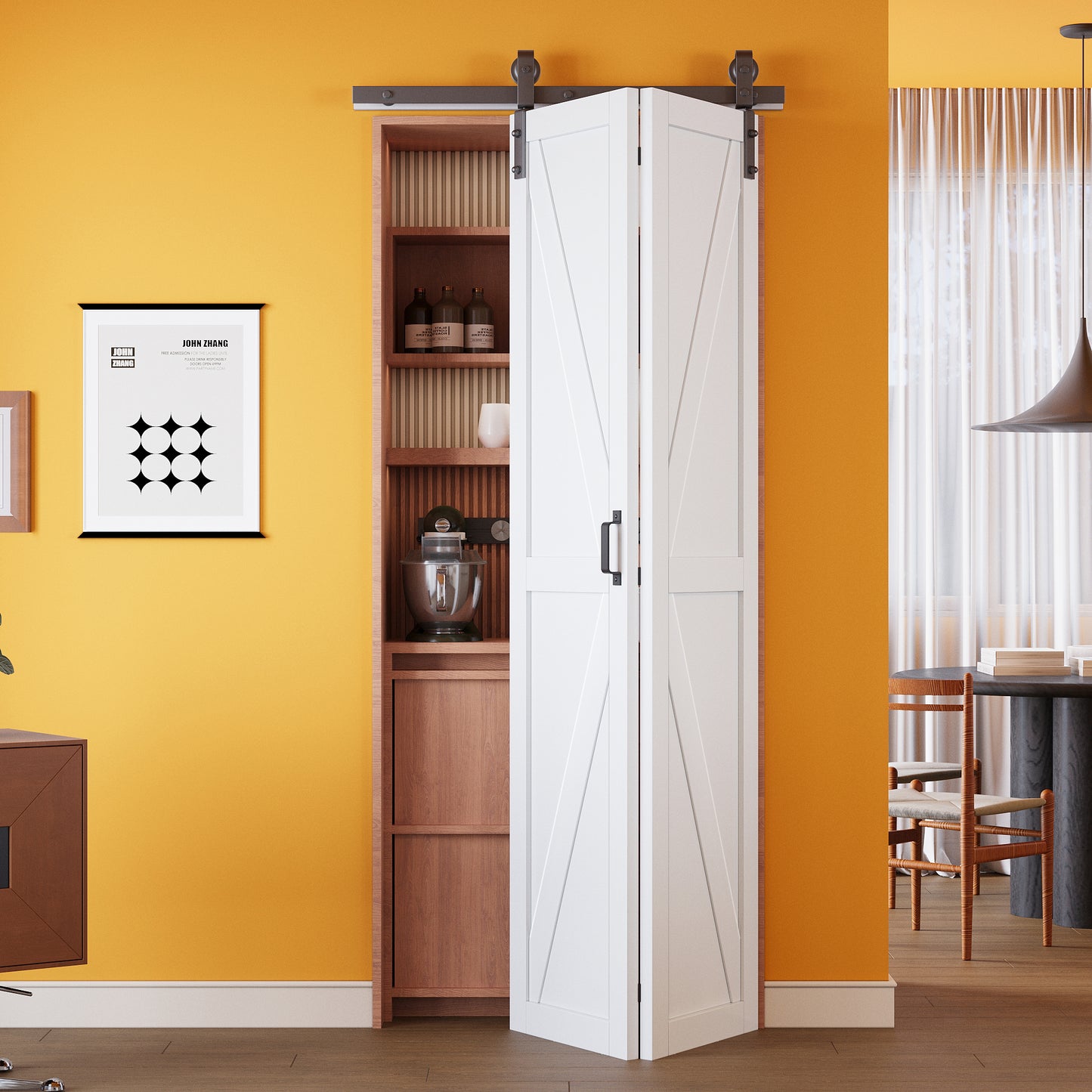 K Panel Closet Bifold Barn Door with Hardware Kit & Handle, Solid Core MDF Wood & Prefinished & Paintable Surface, White