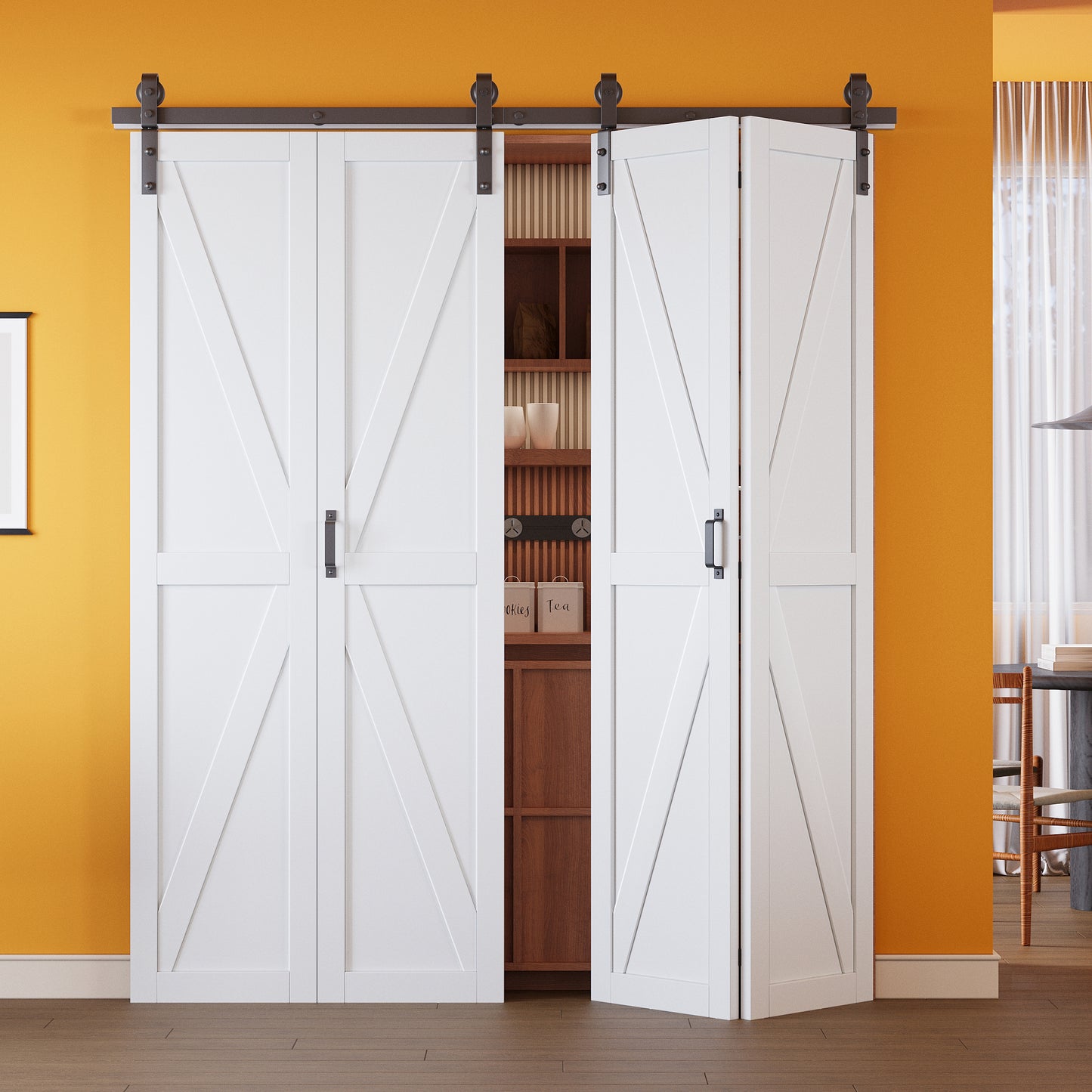 K Panel Closet Bifold Barn Door with Hardware Kit & Handle, Solid Core MDF Wood & Prefinished & Paintable Surface, White