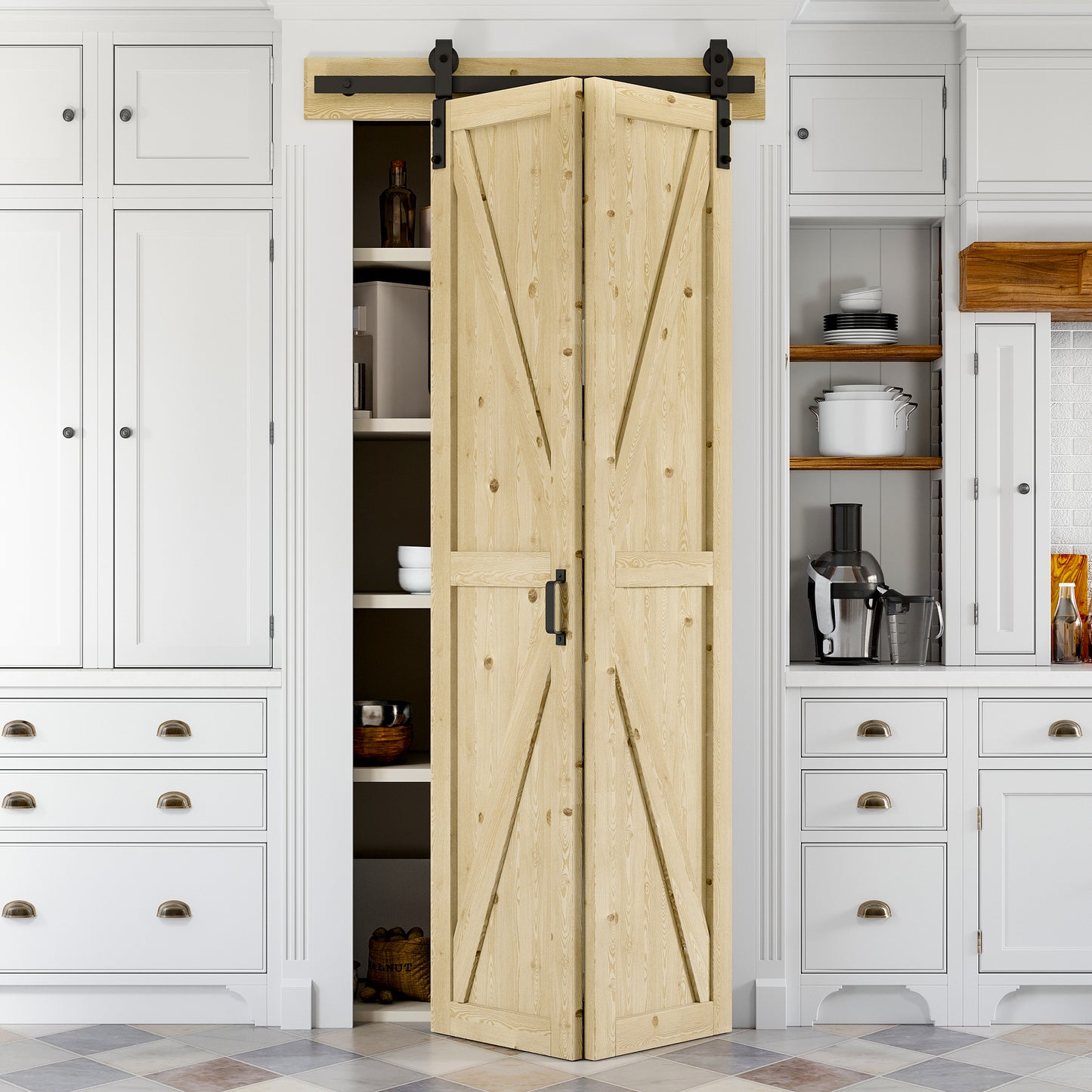 Bifold Barn Door, Unfinished Pine Wood K Shape Bifold Barn Door with Header Board & Hardware Kit Included, Folding Barn Door Panels No-Assembly Required