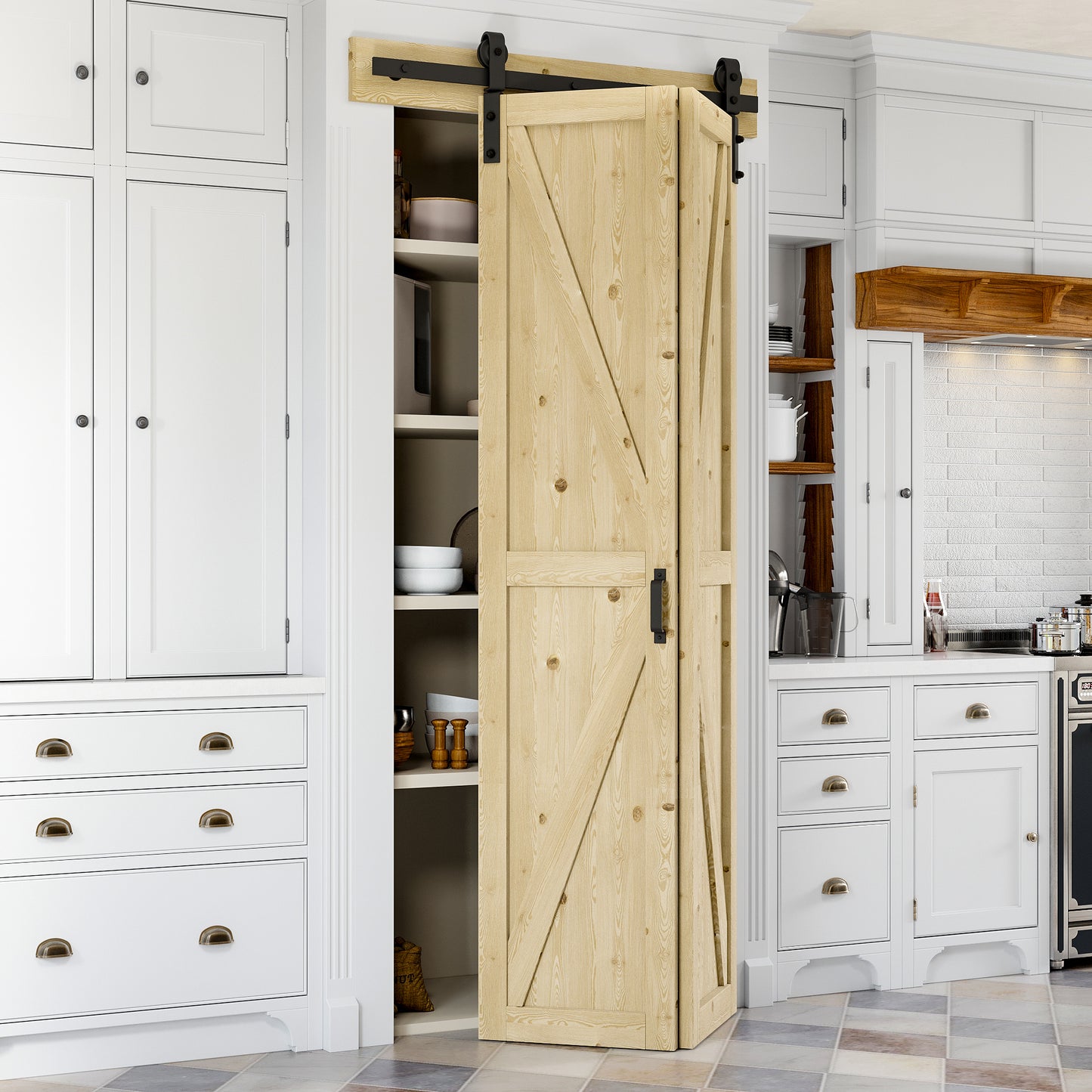 Bifold Barn Door, Unfinished Pine Wood K Shape Bifold Barn Door with Header Board & Hardware Kit Included, Folding Barn Door Panels No-Assembly Required