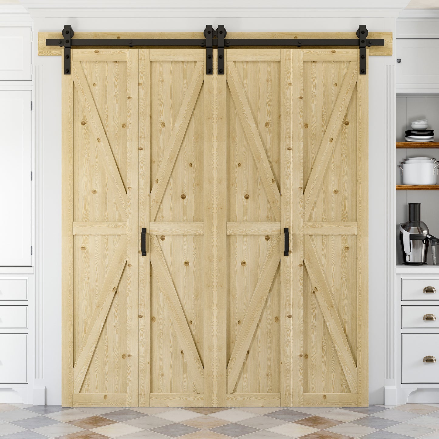 Bifold Barn Door, Unfinished Pine Wood K Shape Bifold Barn Door with Header Board & Hardware Kit Included, Folding Barn Door Panels No-Assembly Required