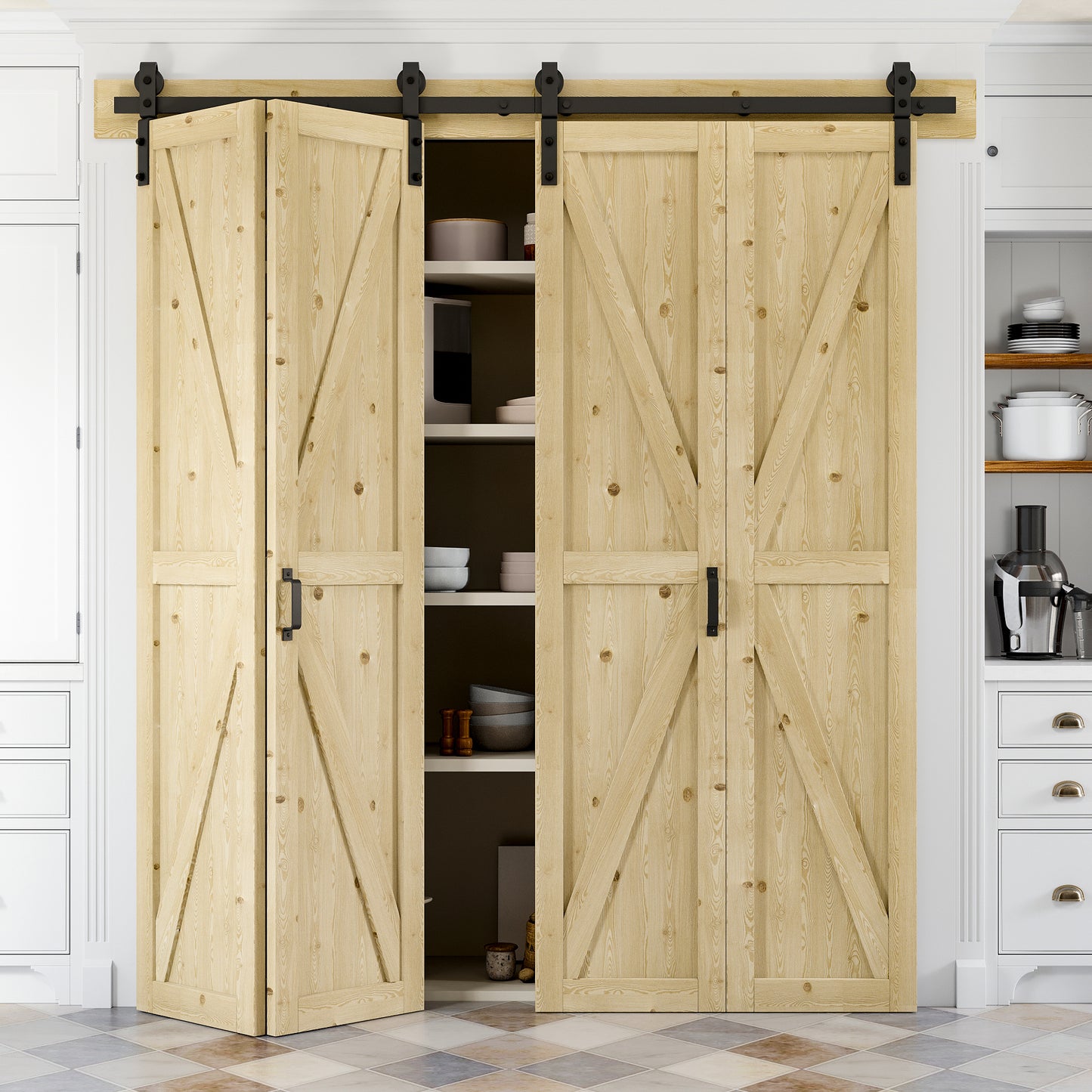Bifold Barn Door, Unfinished Pine Wood K Shape Bifold Barn Door with Header Board & Hardware Kit Included, Folding Barn Door Panels No-Assembly Required