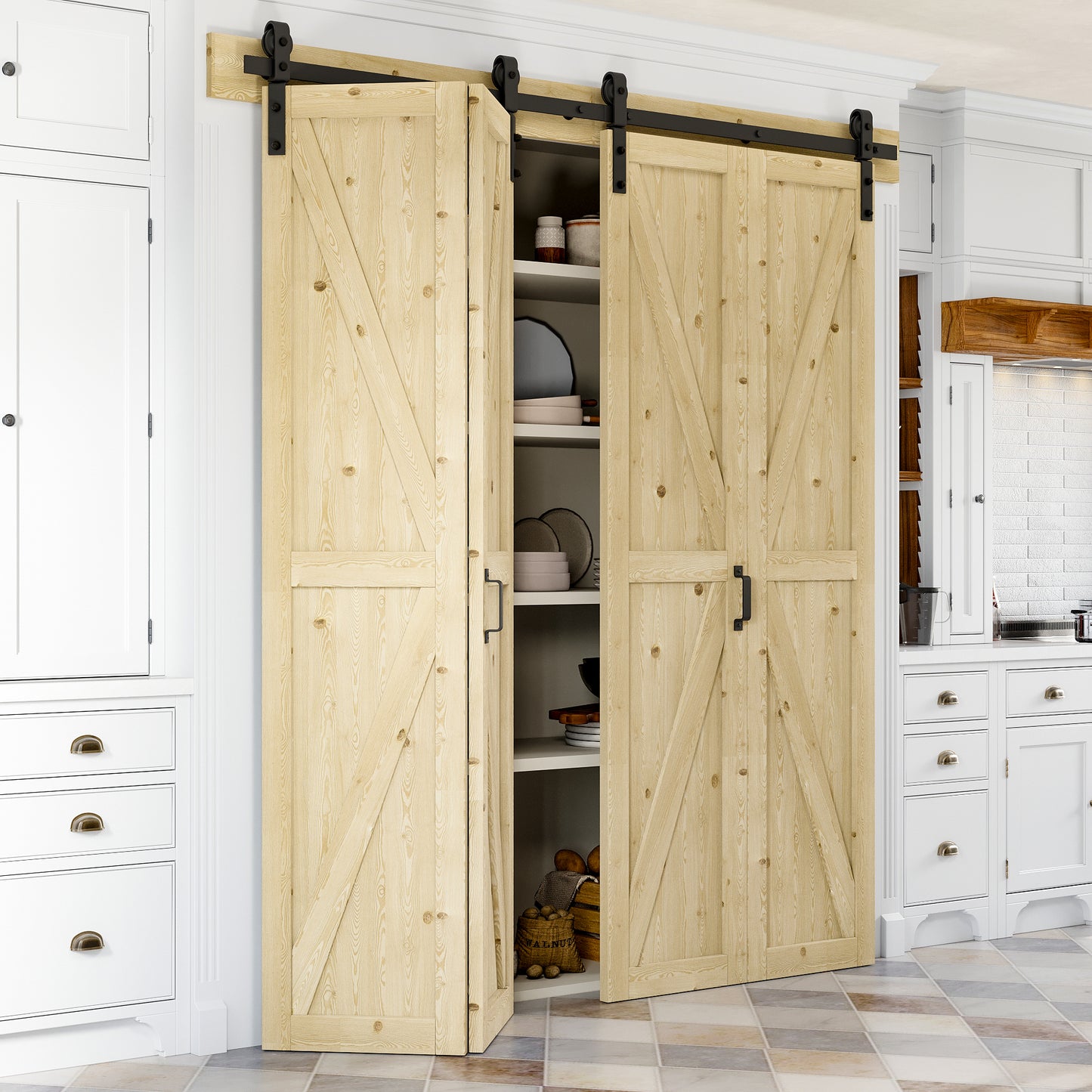 Bifold Barn Door, Unfinished Pine Wood K Shape Bifold Barn Door with Header Board & Hardware Kit Included, Folding Barn Door Panels No-Assembly Required