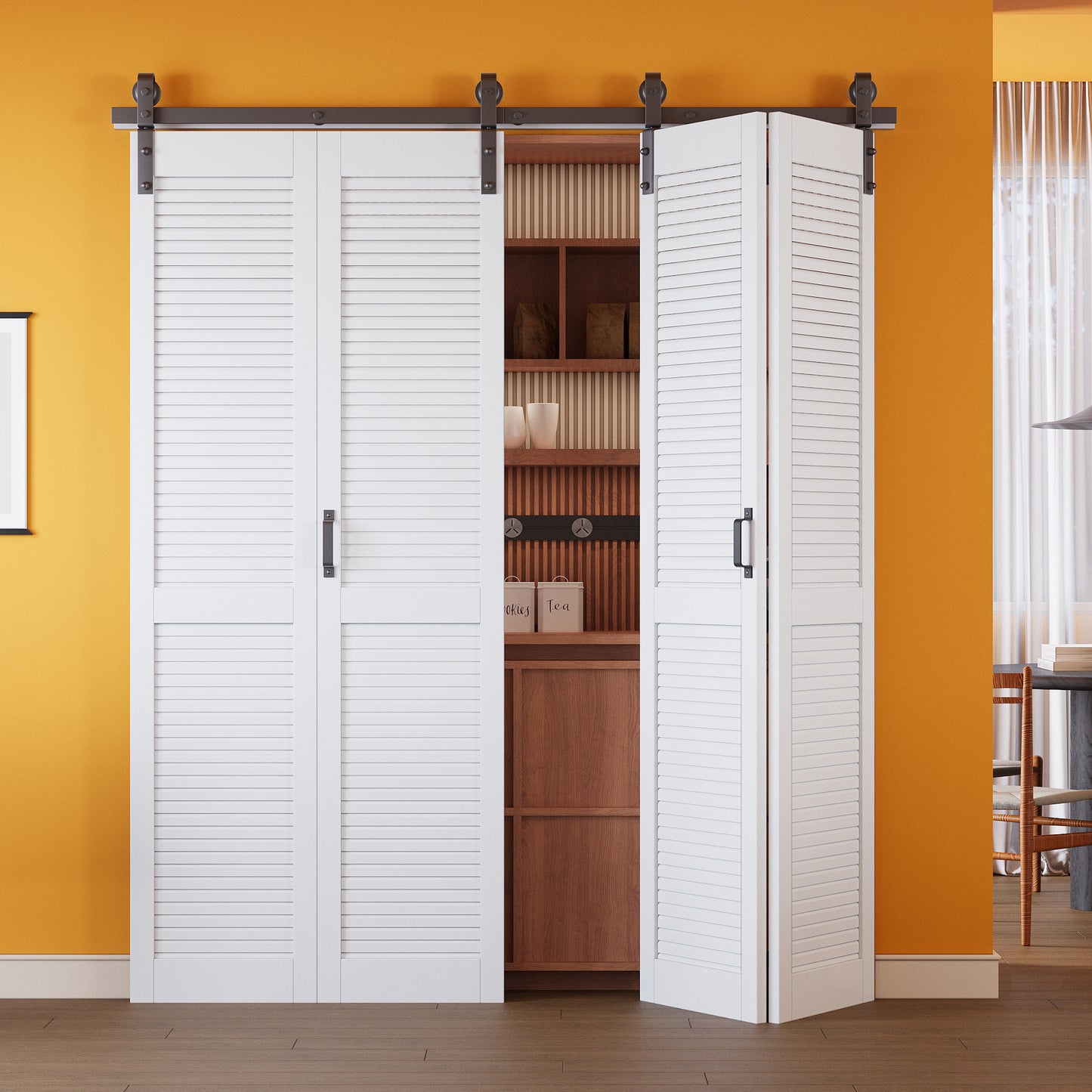 Louvered Closet Bifold Barn Door with Hardware Kit & Handle, Solid Core MDF Wood & PVC Covered, Finished, White