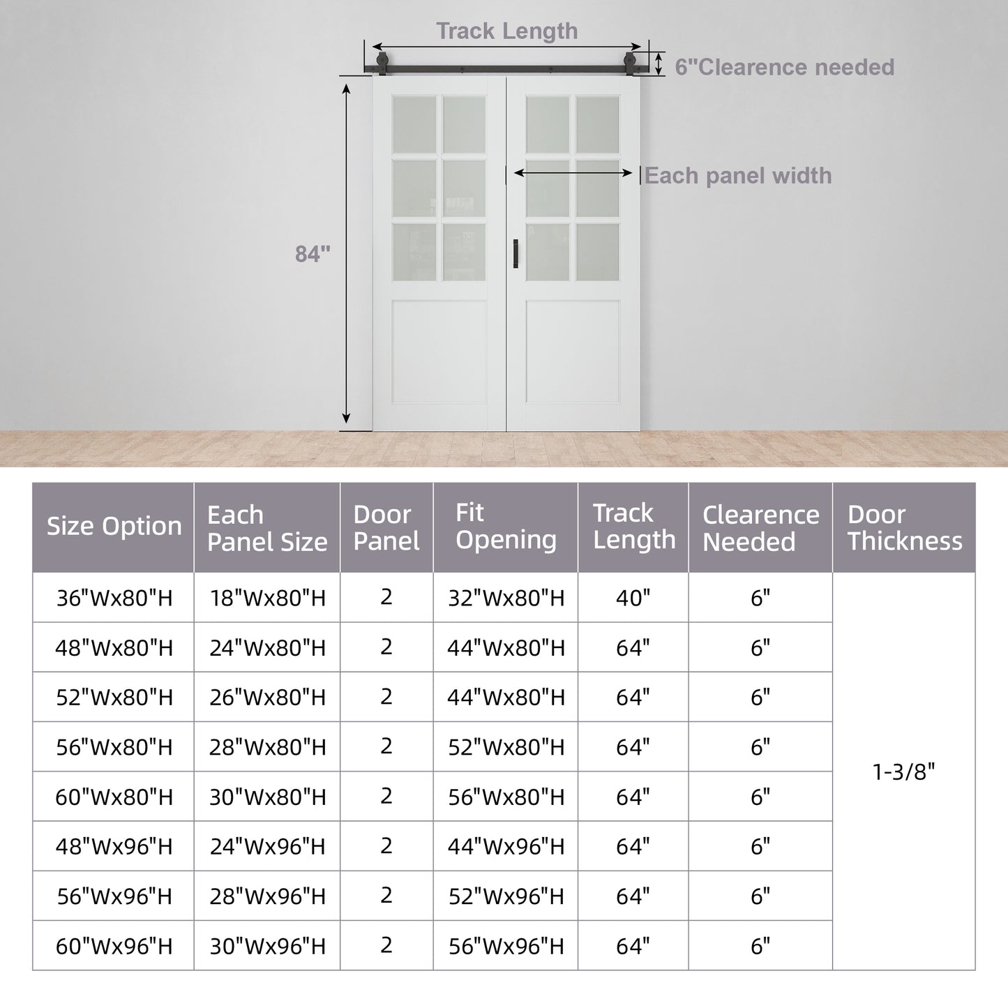 Paintable Bifold Barn Door, 6-Lite Tempered Frosted Glass Barn Door Bifold Closet Doors with Hardware Kit Included, Water-Resistant Pre-Assembled MDF Panels, Smooth Sliding Easy Install
