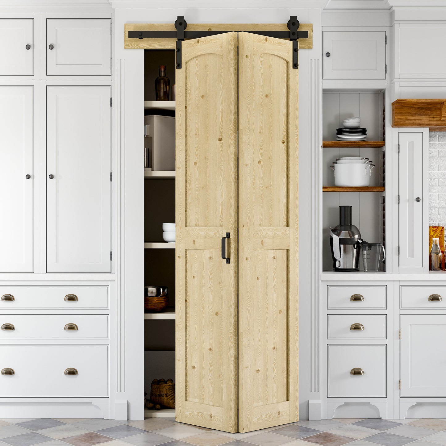 Bifold Barn Door , Pre-Assembled Unfinished Pine Wood Panels, Bi-Fold Sliding Closet Doors with Header Board & Hardware Kit Included, Water-Resistant Pine Surface, H-Frame
