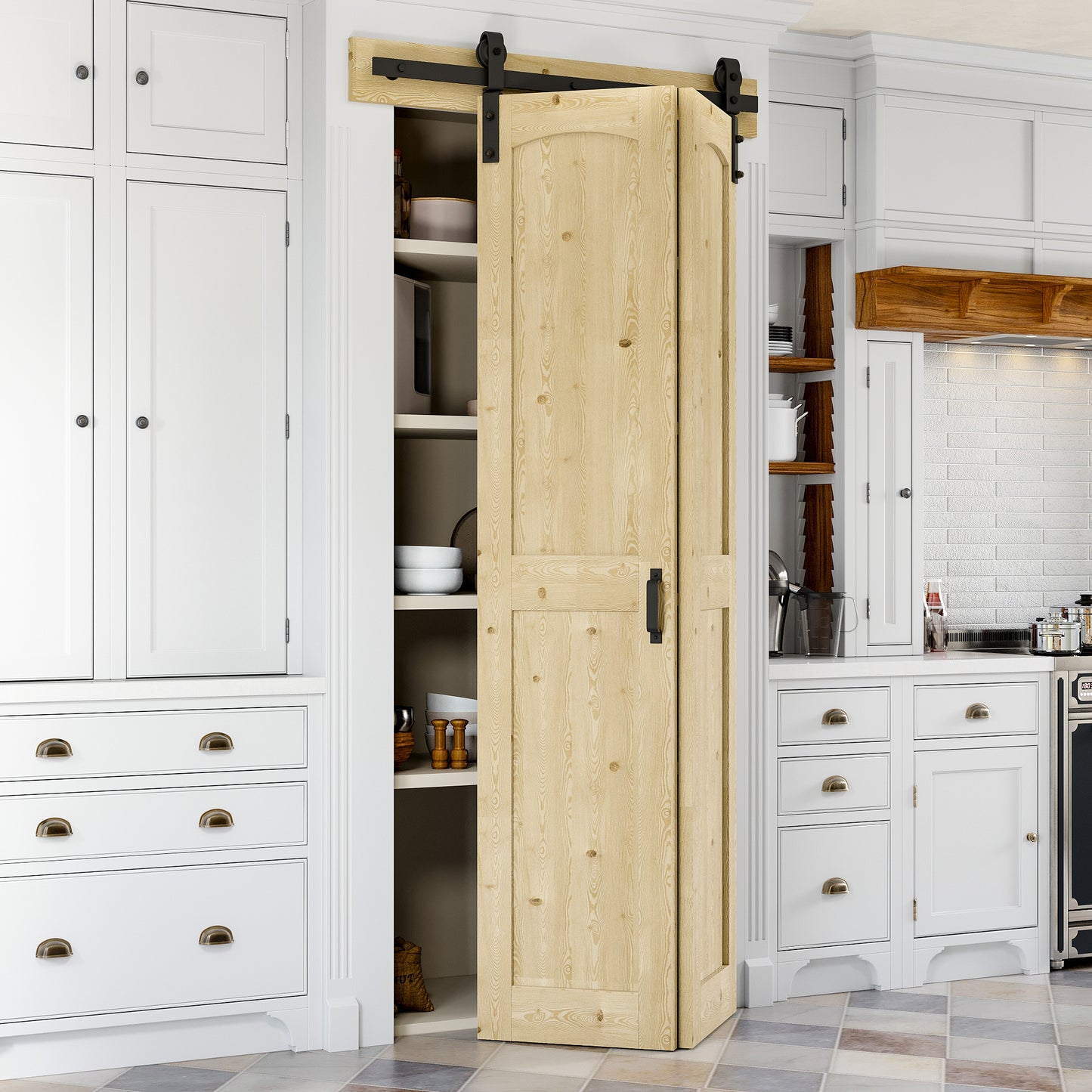 Bifold Barn Door , Pre-Assembled Unfinished Pine Wood Panels, Bi-Fold Sliding Closet Doors with Header Board & Hardware Kit Included, Water-Resistant Pine Surface, H-Frame