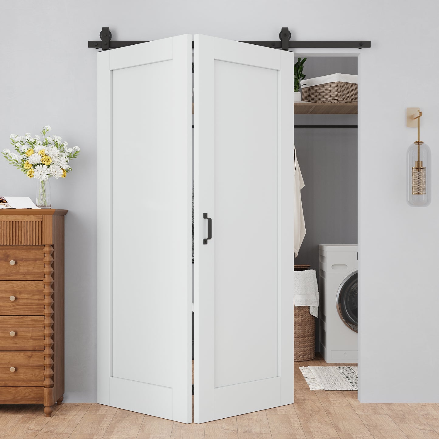 Paintable Bifold Barn Door, 1 Panel Barn Door Bifold Closet Doors with Hardware Kit Included, Water-Resistant Pre-Assembled MDF Panels, Smooth Sliding Easy Install