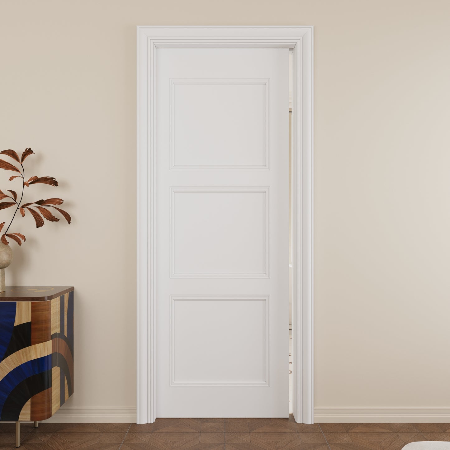 JUJUBON Slab Door, 3-Panel Molded Pre-assembled Solid Core Interior French Door, Pre-Finished Paintable Single Panel for Utility Room Pantry Closet as Prehung, Pocket, Bifold Barn Doors-Shaker w/o Hardware