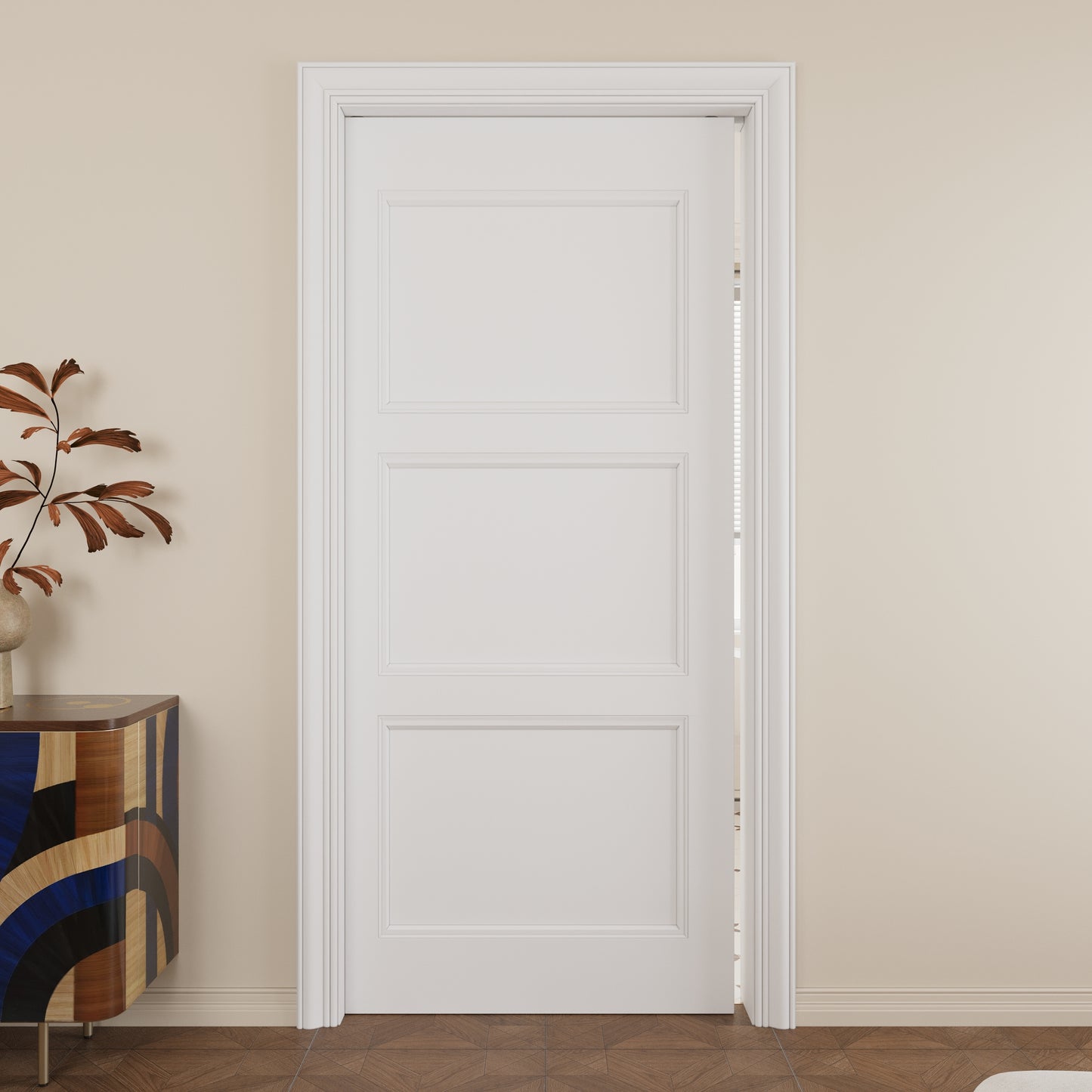 JUJUBON Slab Door, 3-Panel Molded Pre-assembled Solid Core Interior French Door, Pre-Finished Paintable Single Panel for Utility Room Pantry Closet as Prehung, Pocket, Bifold Barn Doors-Shaker w/o Hardware
