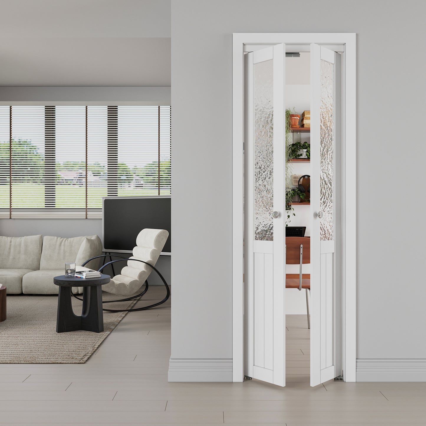 JUJUBON Pivot Doors, Half Tempered Frosted Glass Closet Door with MDF Panel Hardware Kit Included, Interior Folding Door Easy Assembly