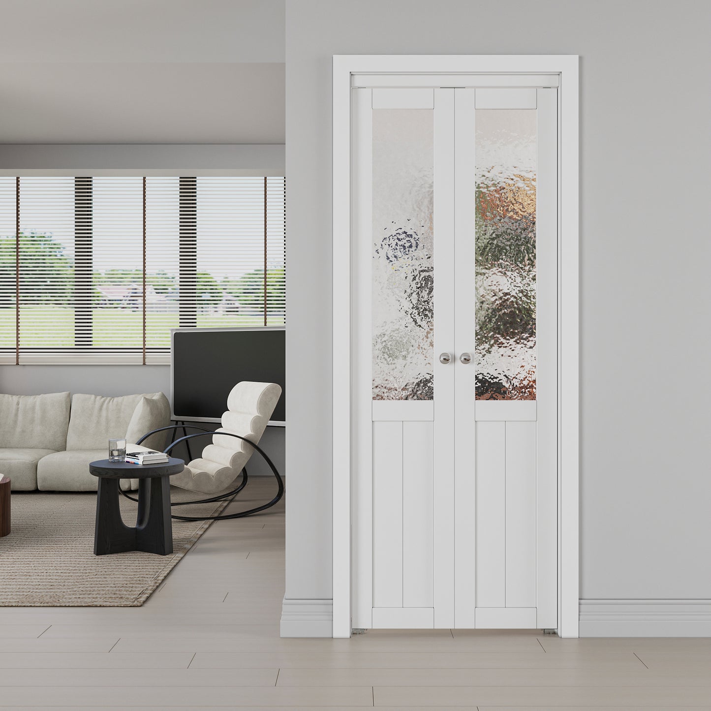 JUJUBON Pivot Doors, Half Tempered Frosted Glass Closet Door with MDF Panel Hardware Kit Included, Interior Folding Door Easy Assembly