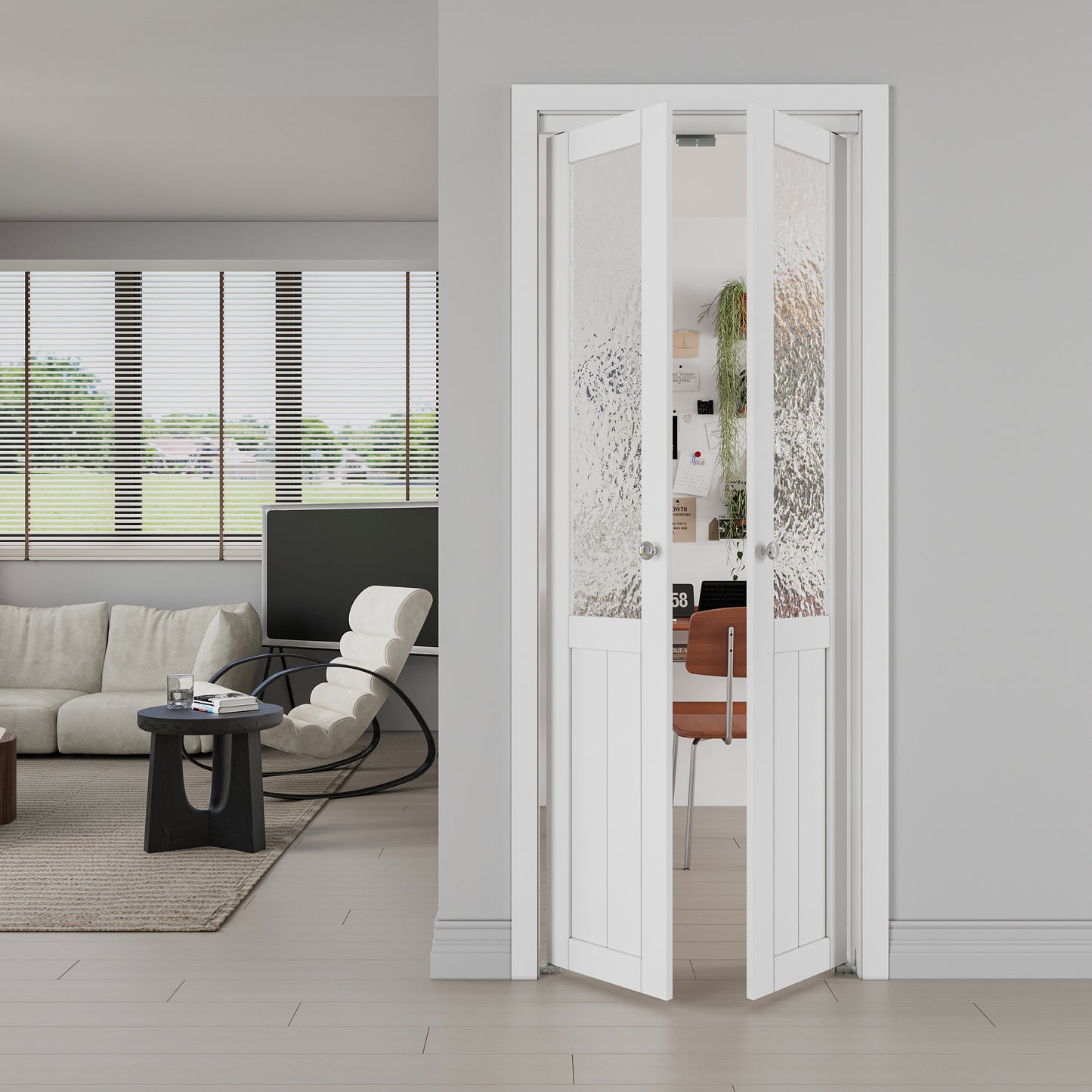 JUJUBON Pivot Doors, Half Tempered Frosted Glass Closet Door with MDF Panel Hardware Kit Included, Interior Folding Door Easy Assembly