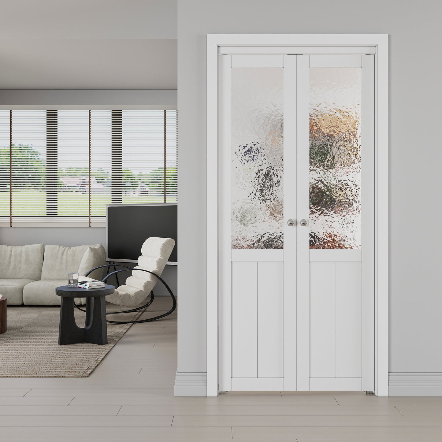 JUJUBON Pivot Doors, Half Tempered Frosted Glass Closet Door with MDF Panel Hardware Kit Included, Interior Folding Door Easy Assembly
