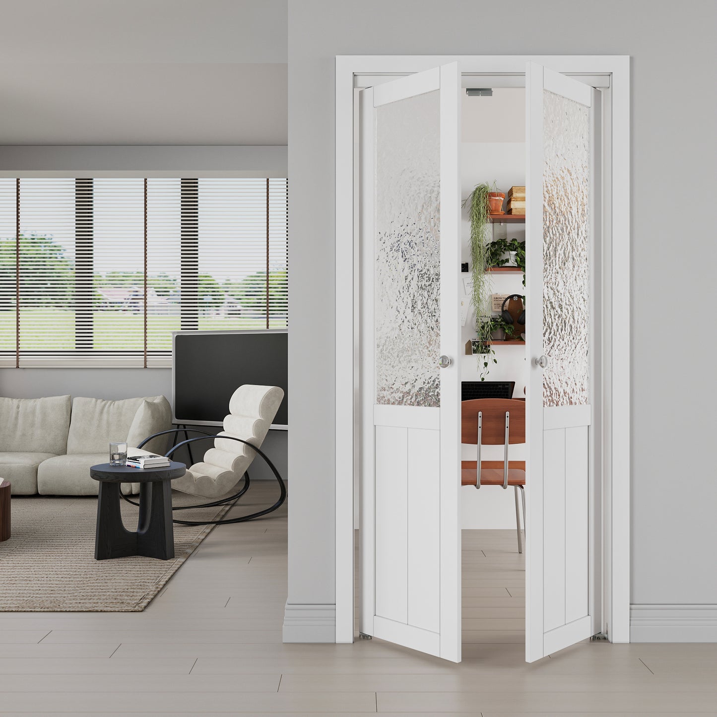 JUJUBON Pivot Doors, Half Tempered Frosted Glass Closet Door with MDF Panel Hardware Kit Included, Interior Folding Door Easy Assembly