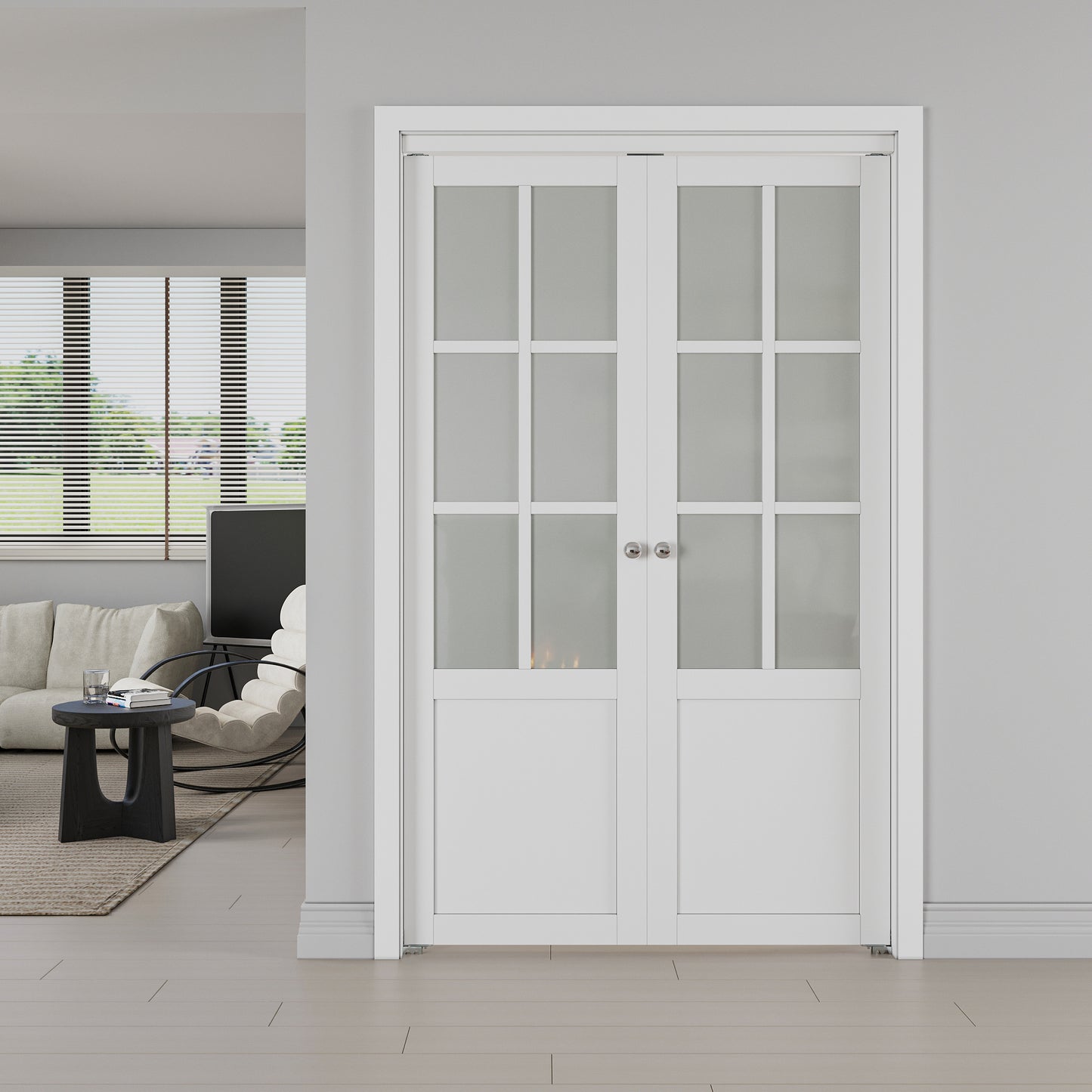 JUJUBON Pivot French Doors, 6-Lite Frosted Glass,Solid Core MDF Wood & PVC Covered Finished, White Closet Doors