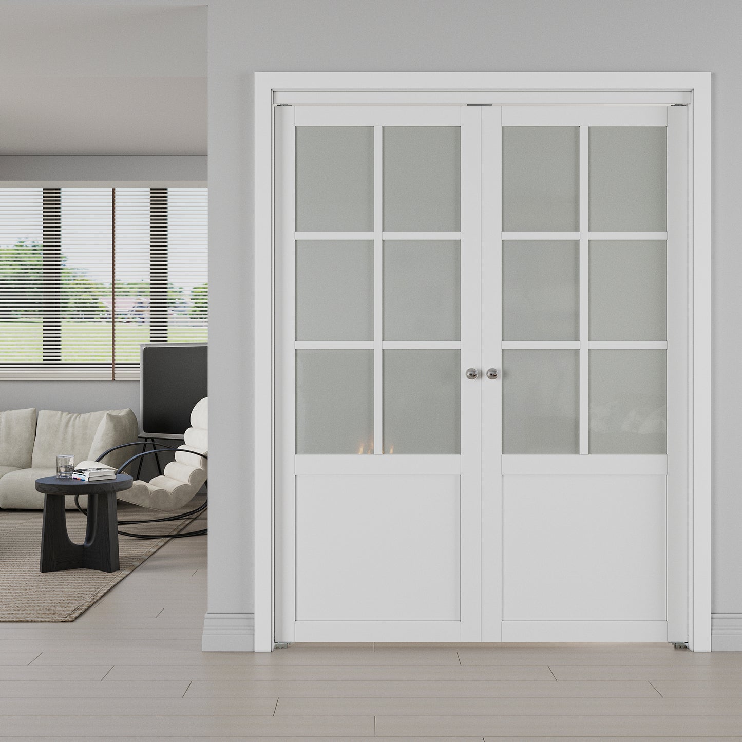 JUJUBON Pivot French Doors, 6-Lite Frosted Glass,Solid Core MDF Wood & PVC Covered Finished, White Closet Doors