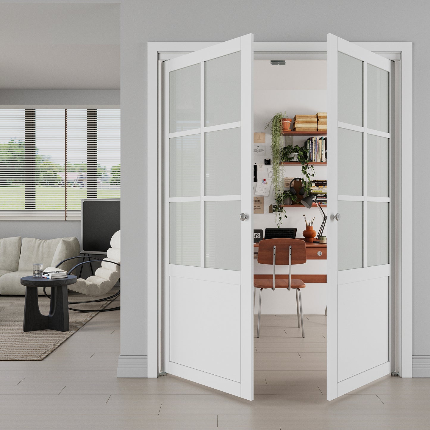 JUJUBON Pivot French Doors, 6-Lite Frosted Glass,Solid Core MDF Wood & PVC Covered Finished, White Closet Doors