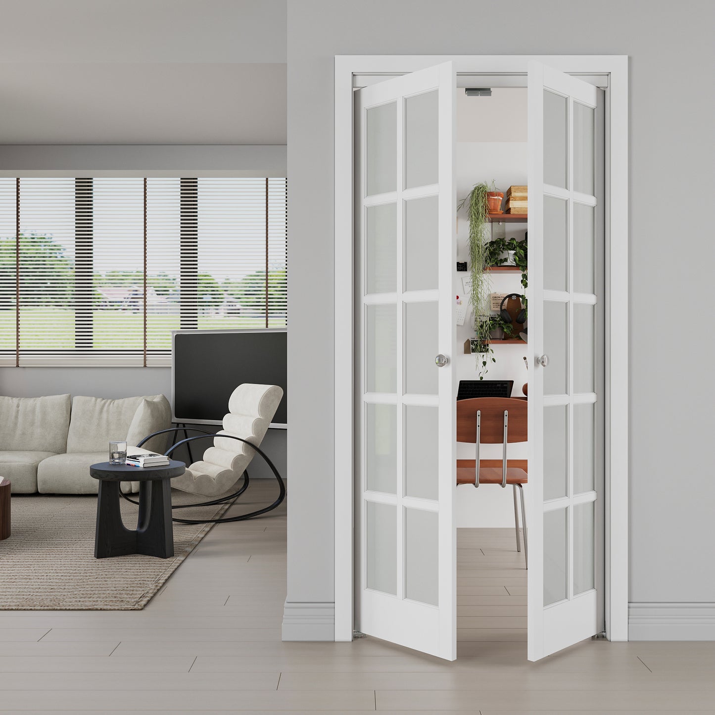 JUJUBON Pivot French Doors, 10-Lite Frosted Glass, Solid Core MDF Wood & PVC Covered Finished, White Closet Doors