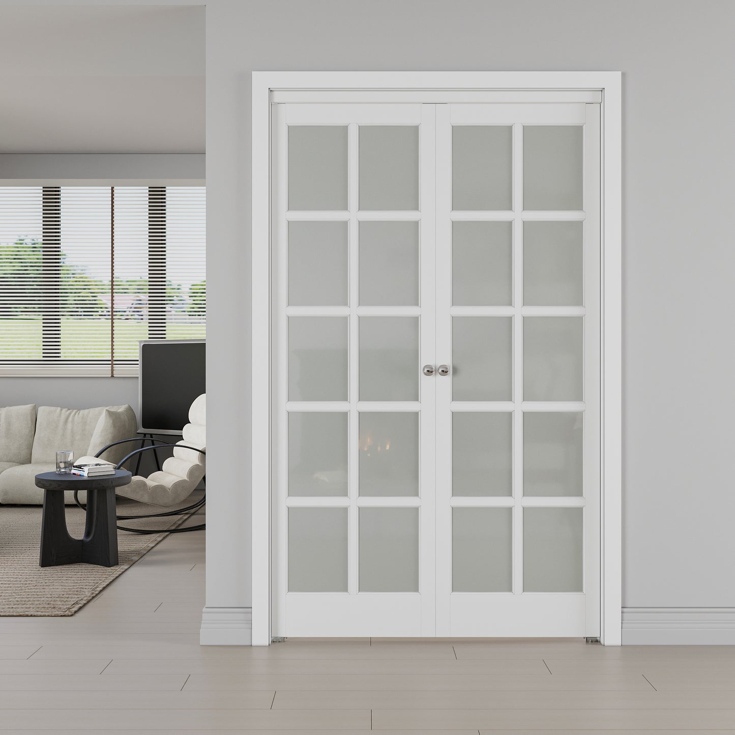 JUJUBON Pivot French Doors, 10-Lite Frosted Glass, Solid Core MDF Wood & PVC Covered Finished, White Closet Doors