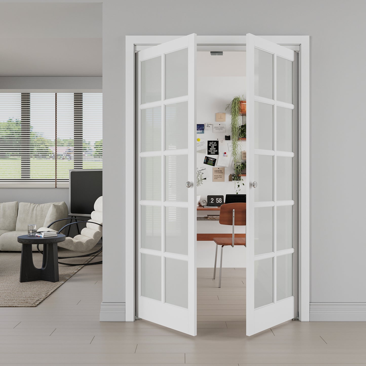 JUJUBON Pivot French Doors, 10-Lite Frosted Glass, Solid Core MDF Wood & PVC Covered Finished, White Closet Doors
