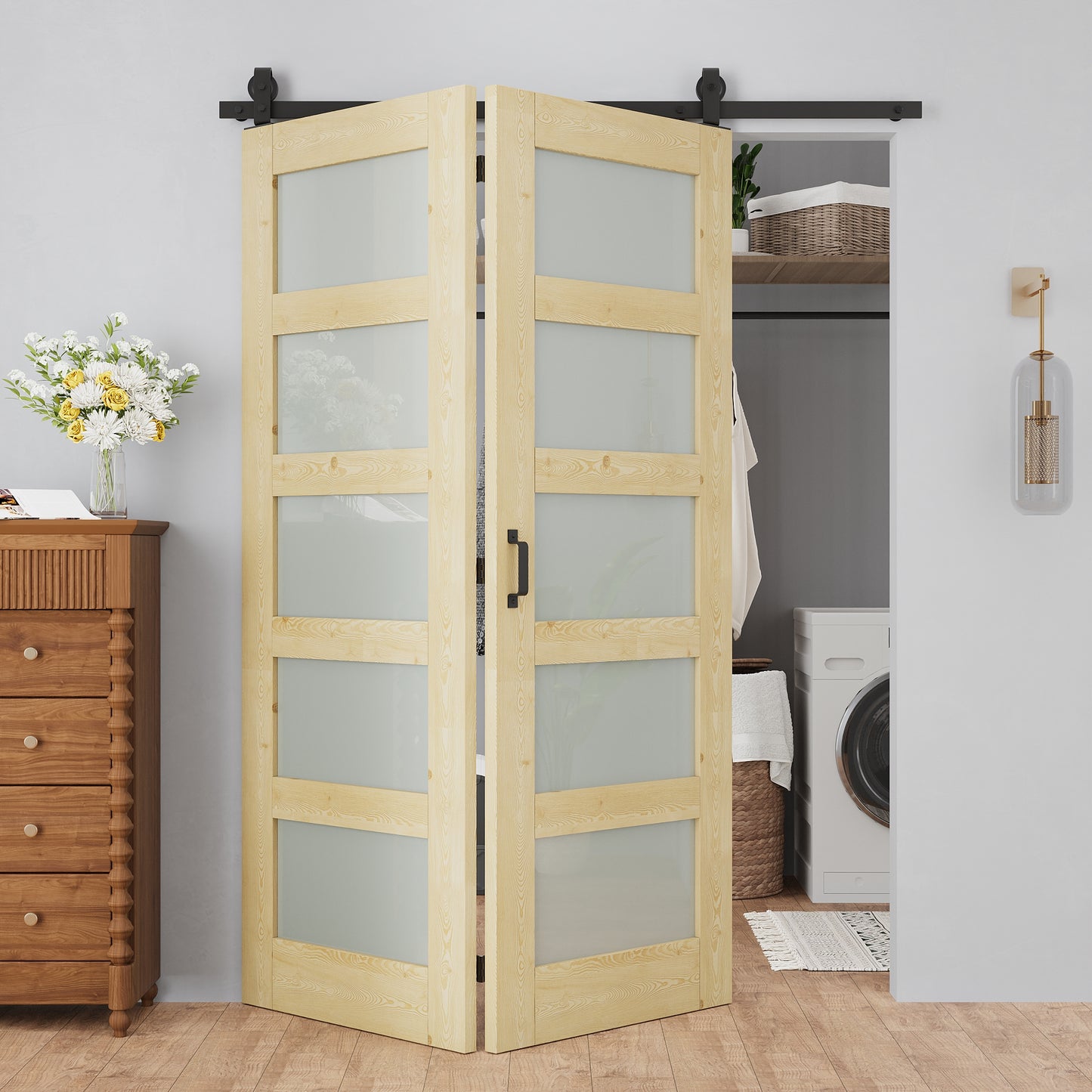 Pre-Assembled Bifold Barn Doors and Hardware Included, 5 Lite Frosted Glass & Pine Wood,Unfinished MDF Full Frosted Glass BiFold Barn Doors with Good Privacy, Interior Bifold Sliding Barn Door for Closet Pantry Laundry