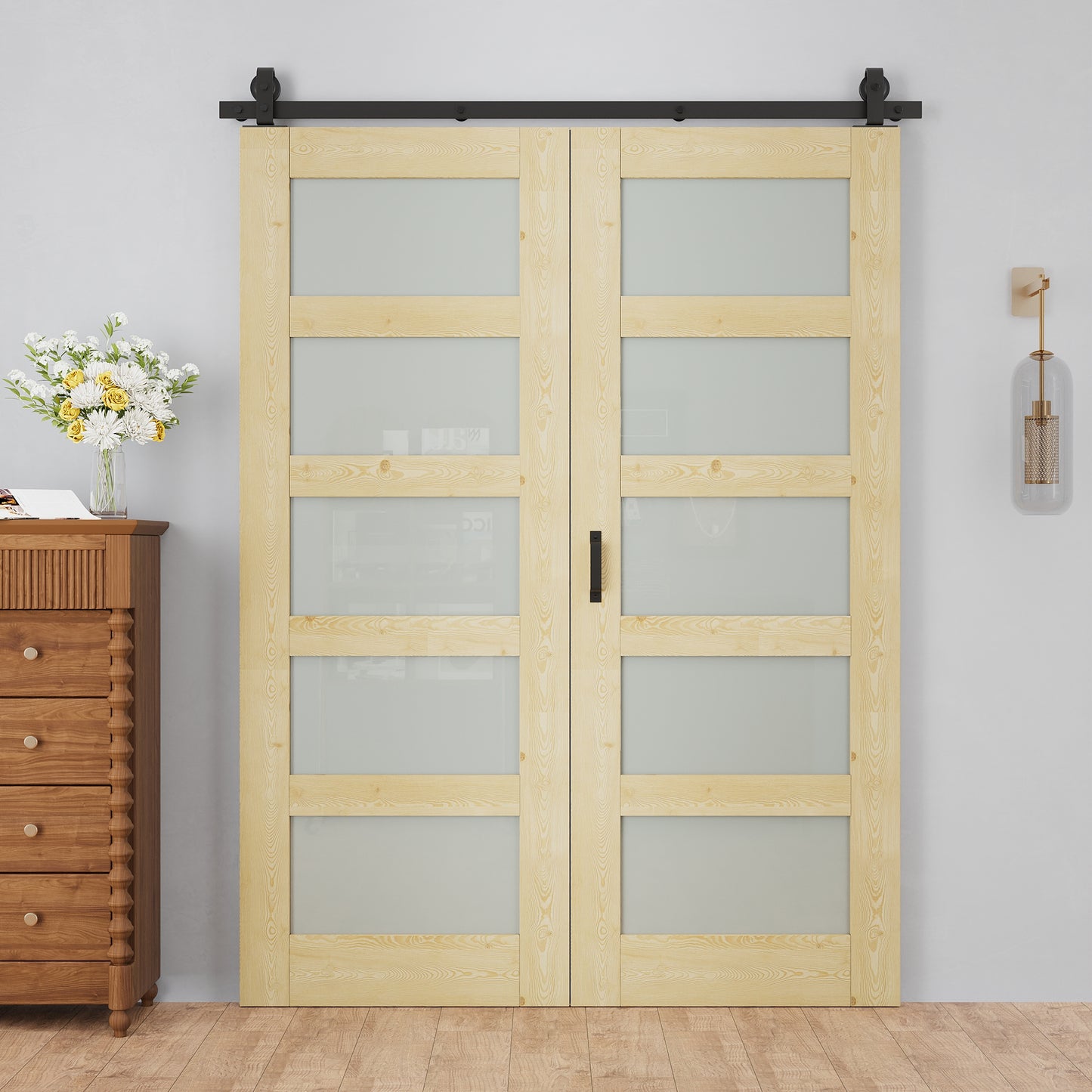 Pre-Assembled Bifold Barn Doors and Hardware Included, 5 Lite Frosted Glass & Pine Wood,Unfinished MDF Full Frosted Glass BiFold Barn Doors with Good Privacy, Interior Bifold Sliding Barn Door for Closet Pantry Laundry