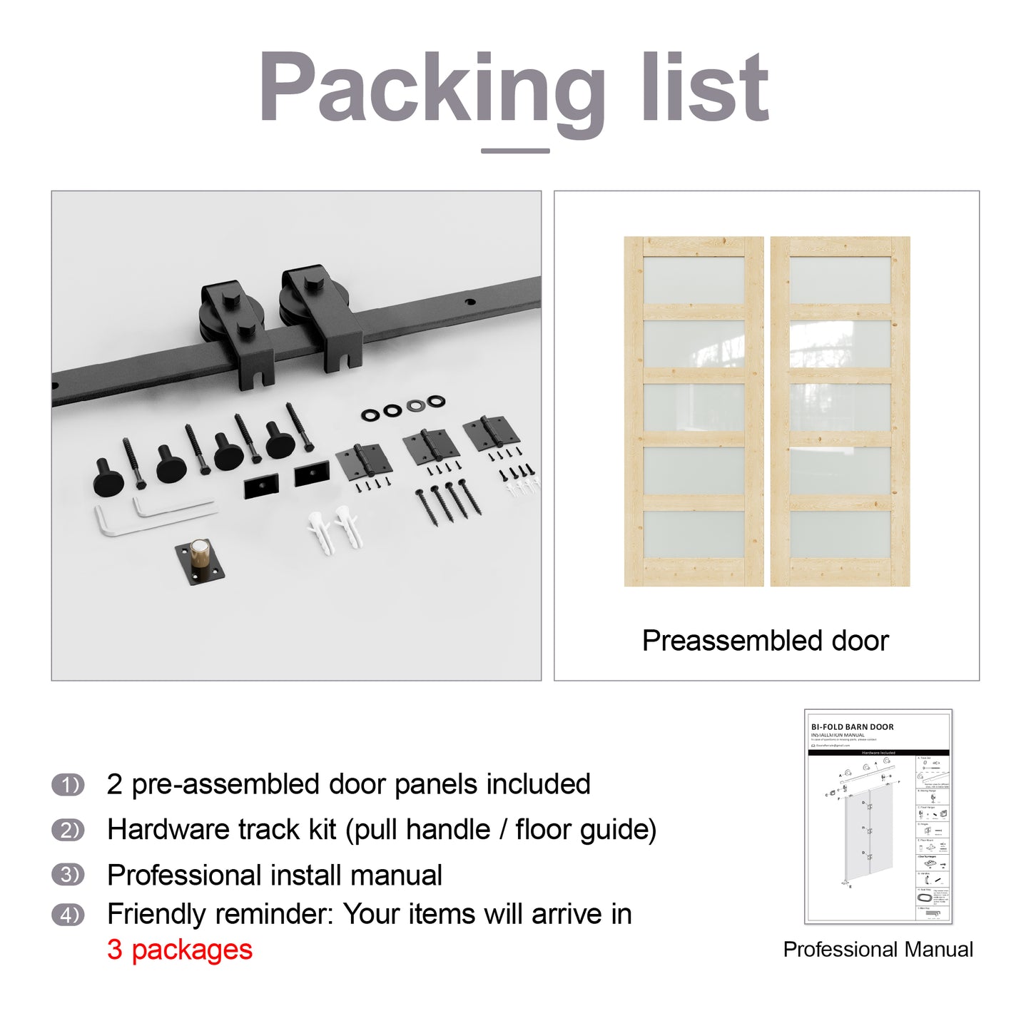 Pre-Assembled Bifold Barn Doors and Hardware Included, 5 Lite Frosted Glass & Pine Wood,Unfinished MDF Full Frosted Glass BiFold Barn Doors with Good Privacy, Interior Bifold Sliding Barn Door for Closet Pantry Laundry
