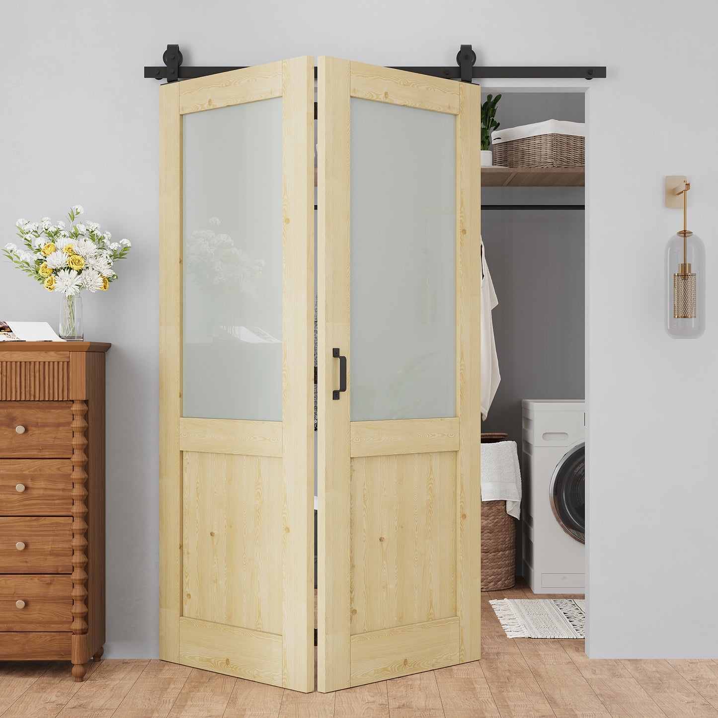 Pre-Assembled Bifold Barn Doors and Hardware Included, Half Lite Frosted Glass & Pine Wood,Unfinished MDF Full Frosted Glass BiFold Barn Doors with Good Privacy, Interior Bifold Sliding Barn Door for Closet Pantry Laundry