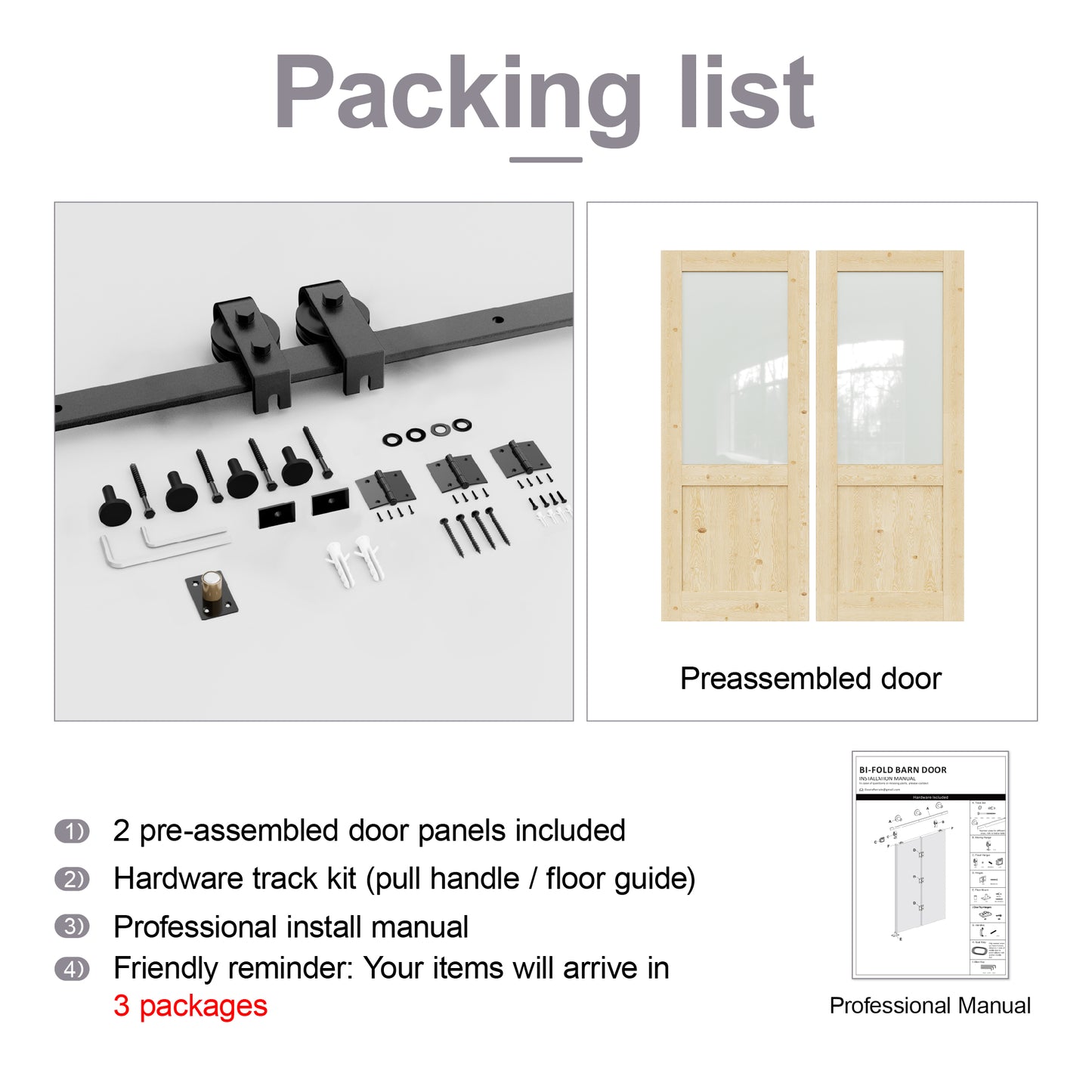 Pre-Assembled Bifold Barn Doors and Hardware Included, Half Lite Frosted Glass & Pine Wood,Unfinished MDF Full Frosted Glass BiFold Barn Doors with Good Privacy, Interior Bifold Sliding Barn Door for Closet Pantry Laundry