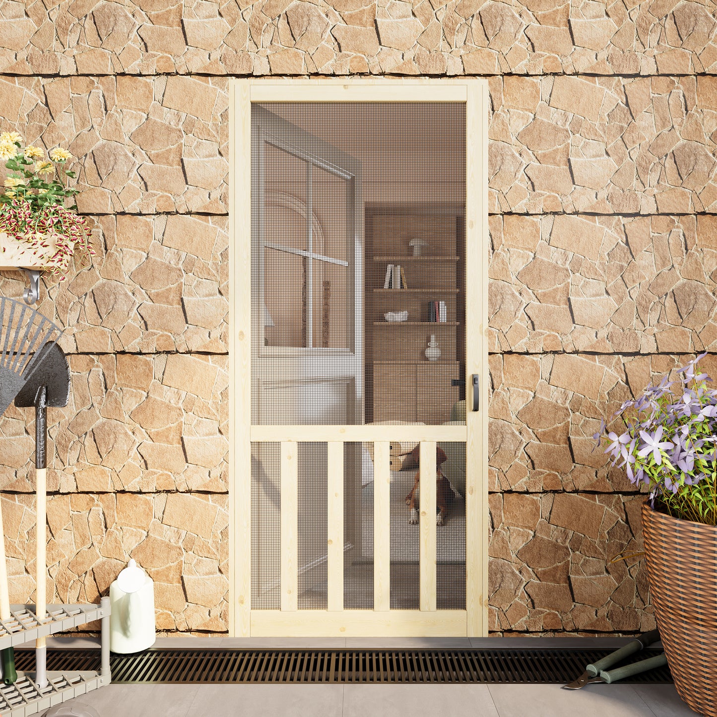 JUJUBON Front Wooden Screen Door for Swing Doors,Solid Pine French Style with Universal Hinged Gauze Mesh Screen Door for Exterior/Interior,Pre-Assembled Easy Installation