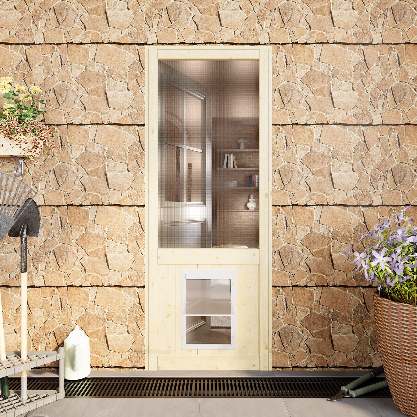 JUJUBON Wooden Front Screen Door, with Built-In Pet Door - French Solid Wood Pine Slab, Hinged Gauze Mesh For Exterior/Interior Doors