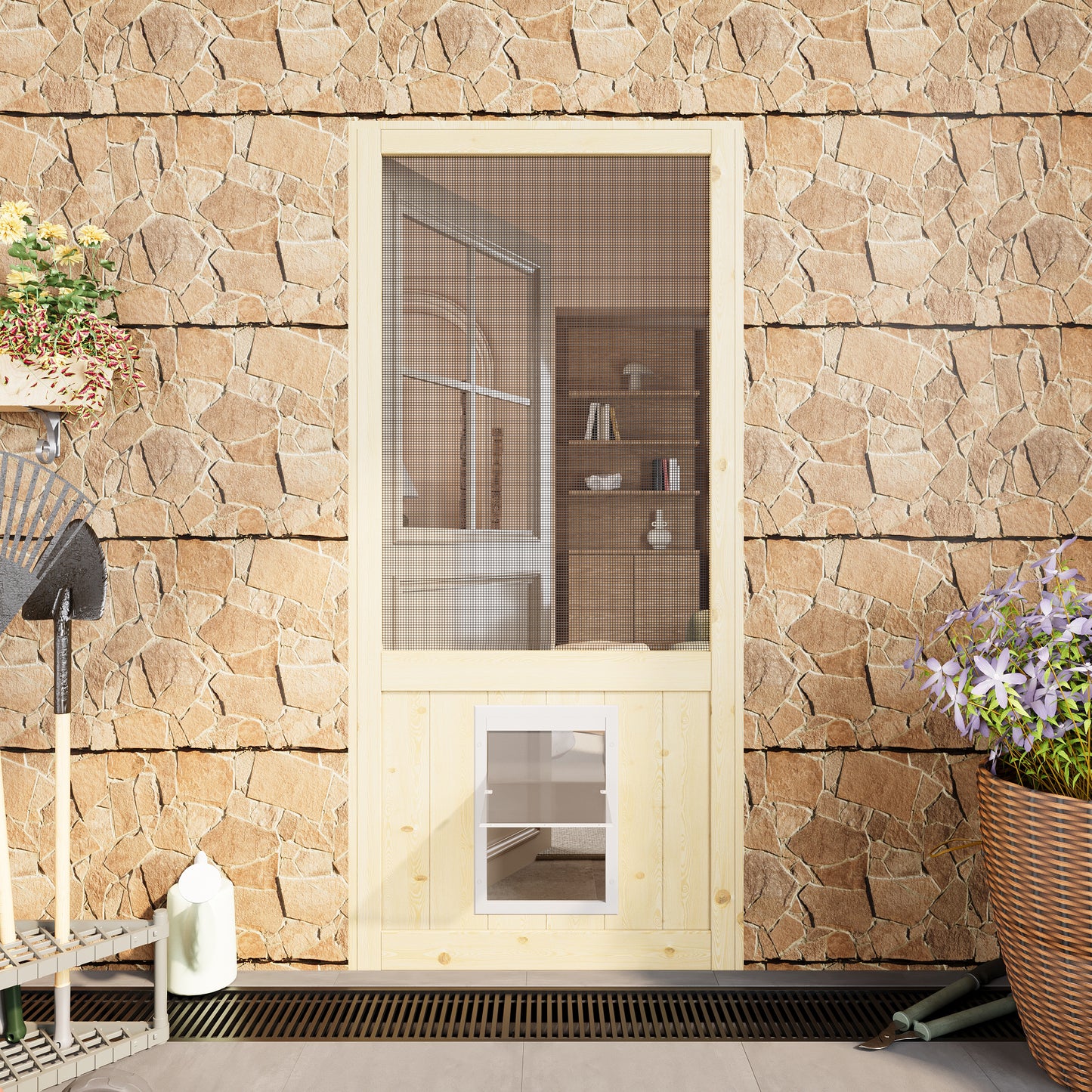 JUJUBON Wooden Front Screen Door, with Built-In Pet Door - French Solid Wood Pine Slab, Hinged Gauze Mesh For Exterior/Interior Doors