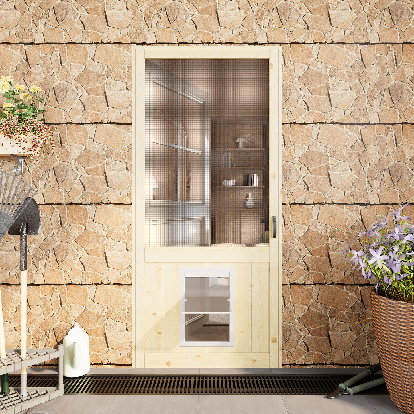 JUJUBON Wooden Front Screen Door, with Built-In Pet Door - French Solid Wood Pine Slab, Hinged Gauze Mesh For Exterior/Interior Doors