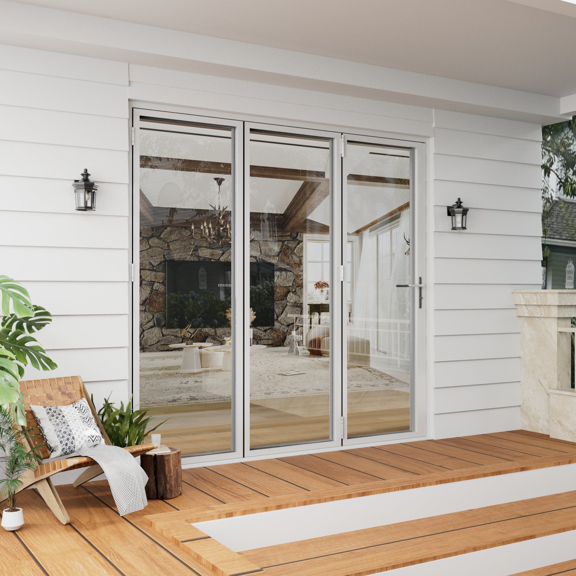 Jujubon 3 Panel Center Opening Outswing Double Tempered Glass White Aluminum Folding Patio Door