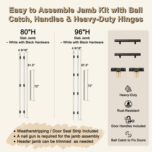 Jujubon Black Ball Catch French Door with Sealing Strip, Ready-to-Assemble Jamb, White, Pine Wood Jamb with Hinges, Levers and Latch