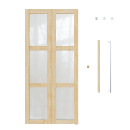 Jujubon  3-Lite Glass Solid Core Unfinished Pine Wood Interior Closet Pivot Door with Hardware