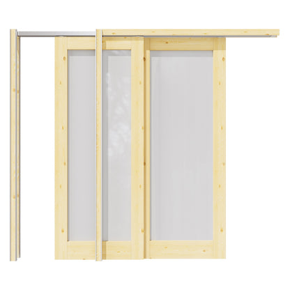 Jujubon 1 Lite Frosted Glass Double Bypass Pocket Door with Hardware Kit & Soft Close & Frame, Pine Wood & Paint-grade Finished