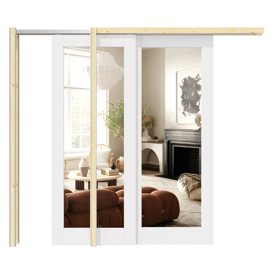Jujubon 1 Lite Mirror Double Bypass Pocket Door with Hardware Kit & Soft Close & Frame, Solid Core MDF Wood & Paint-grade Finished, White