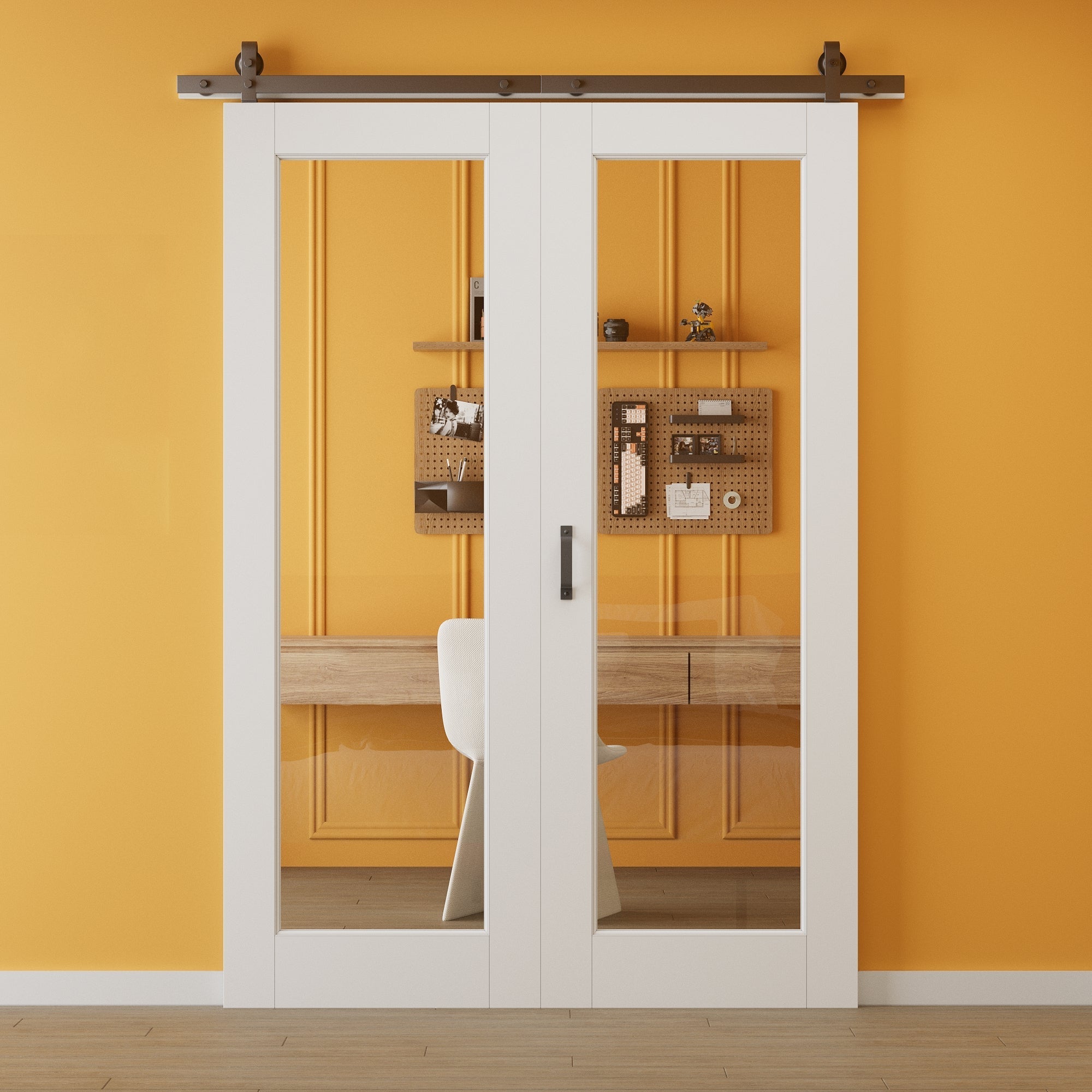 JUJUBON Pre-assembled Clear Glass Bifold Barn Door, Paintable Pre-Finished Bi Fold Barn Doors with Hardware Included, MDF Interior Bifold Sliding Barn Door for Pantry Laundry Closet, Easy Install