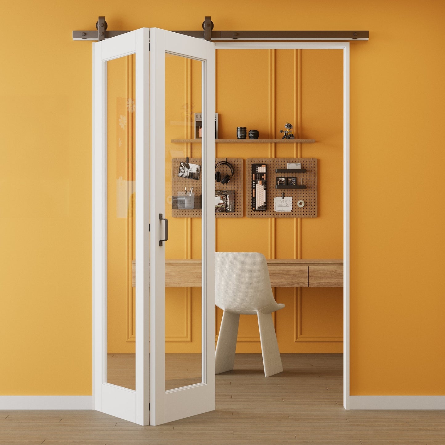 Pre-assembled Clear Glass Bifold Barn Door, Paintable Pre-Finished Bi Fold Barn Doors with Hardware Included, MDF Interior Bifold Sliding Barn Door for Pantry Laundry Closet, Easy Install