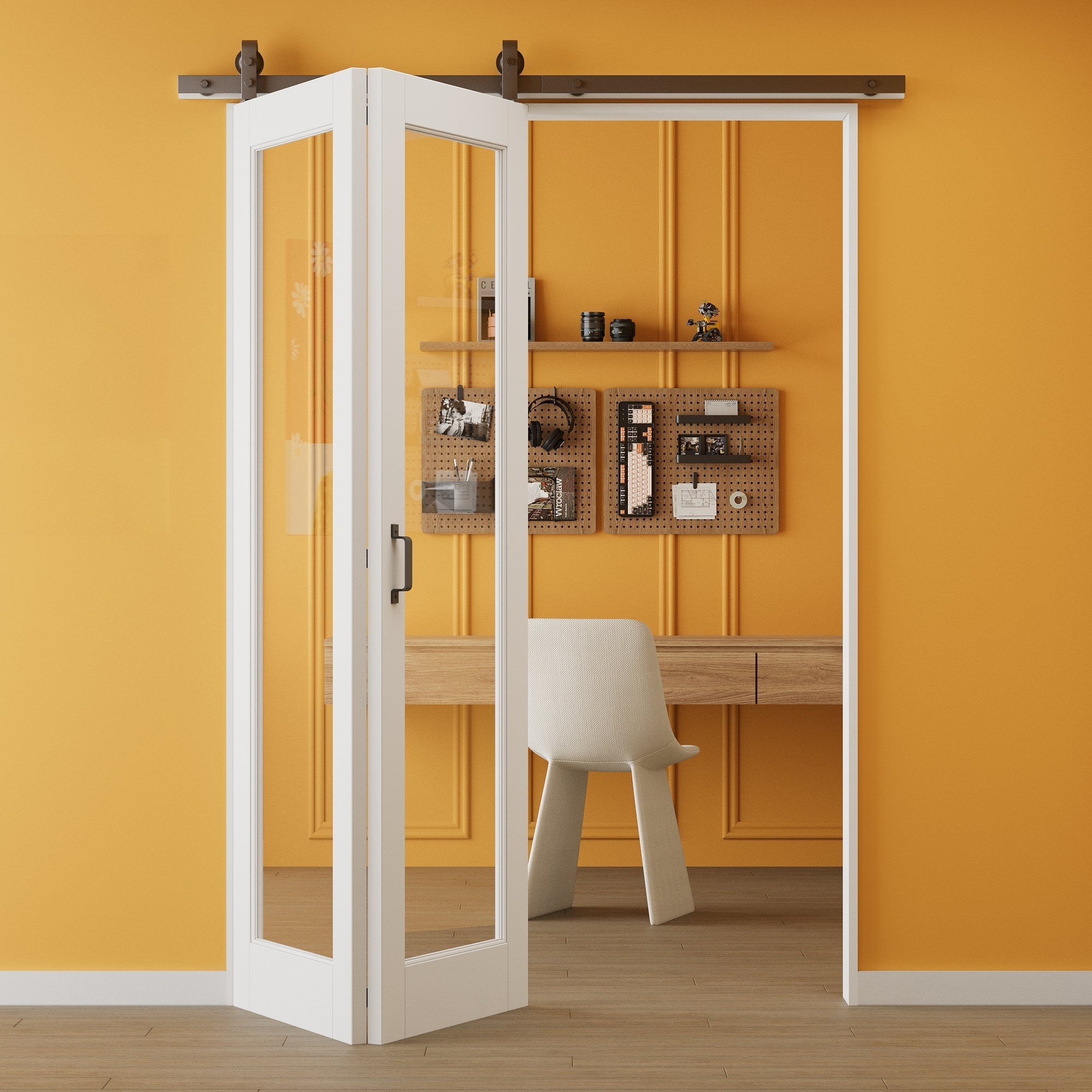JUJUBON Pre-assembled Clear Glass Bifold Barn Door, Paintable Pre-Finished Bi Fold Barn Doors with Hardware Included, MDF Interior Bifold Sliding Barn Door for Pantry Laundry Closet, Easy Install