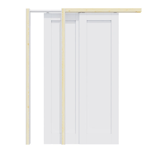 Jujubon 1 Panel Double Bypass Pocket Door with Hardware Kit & Soft Close & Frame, Solid Core MDF Wood & Paint-grade Finished, White
