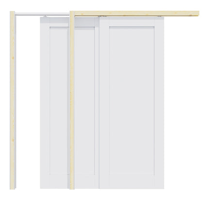 Jujubon 1 Panel Double Bypass Pocket Door with Hardware Kit & Soft Close & Frame, Solid Core MDF Wood & Paint-grade Finished, White