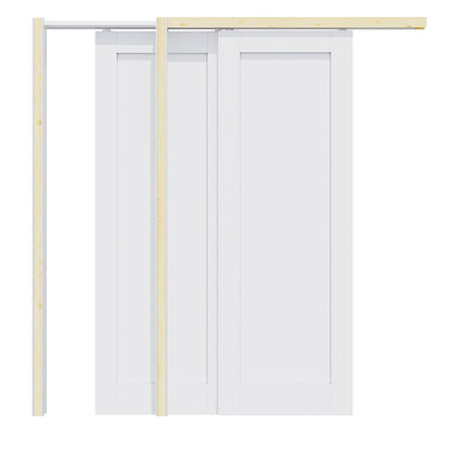 Jujubon 1 Panel Double Bypass Pocket Door with Hardware Kit & Soft Close & Frame, Solid Core MDF Wood & Paint-grade Finished, White